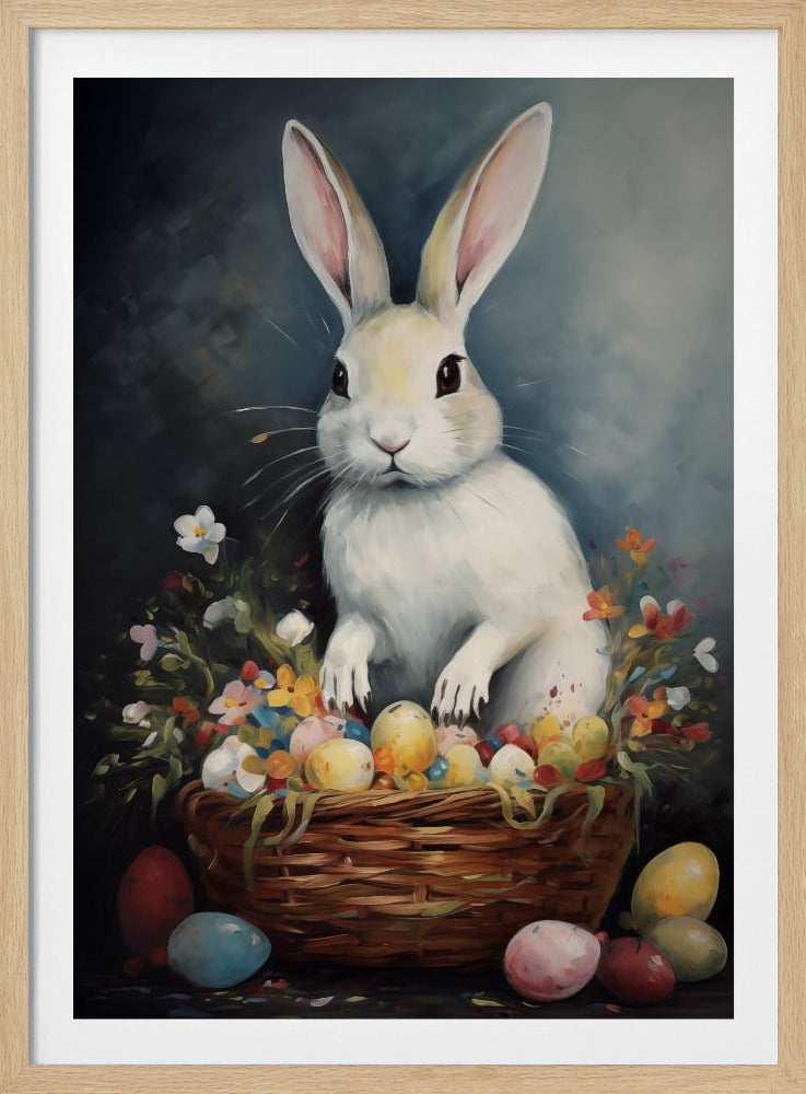 An oil painting of a white Easter bunny with long ears and dark eyes, sitting up in a brown woven basket filled with colorful Easter eggs and small flowers, against a dark, moody background. Print