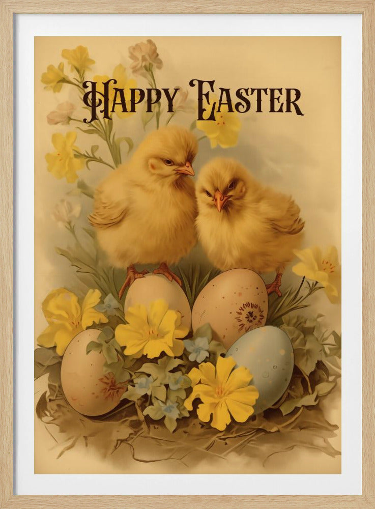 A vintage-style Easter illustration featuring two fluffy yellow chicks perched on decorated Easter eggs. The scene is adorned with yellow and blue flowers, and the words 'Happy Easter' are written in an elegant, dark font at the top against a cream background. Print