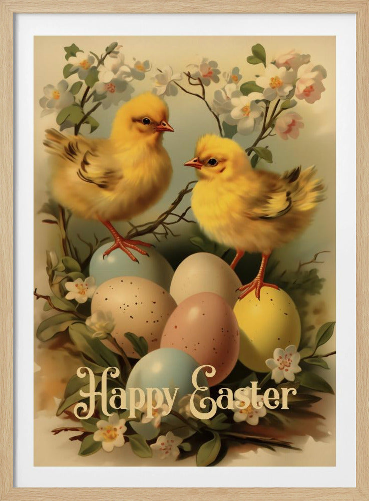 A vintage-style Easter illustration featuring two fluffy yellow chicks perched on and around a clutch of pastel-colored Easter eggs. The scene is decorated with white and light pink blossoms on branches. At the bottom, the text 'Happy Easter' is written in elegant, cursive script. The entire image is enclosed in a thin black frame. Artwork