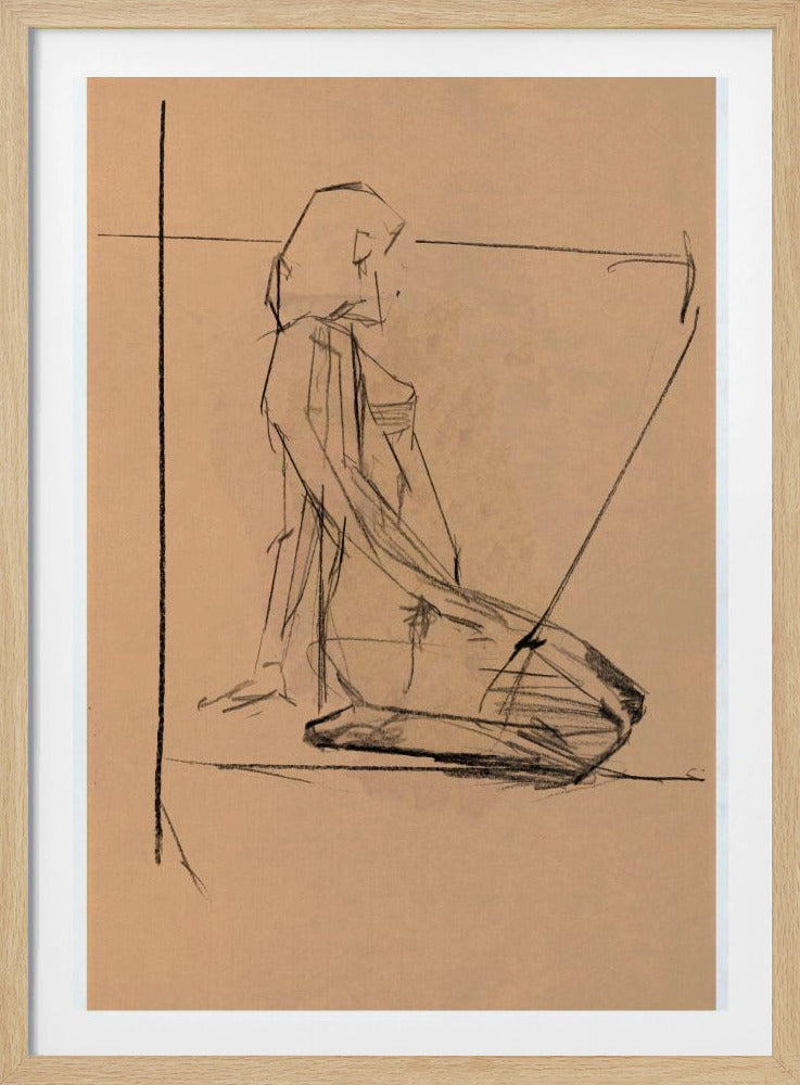 A framed charcoal sketch on tan paper of a person kneeling in profile. The style is gestural and angular, with expressive black lines defining the form against the warm-toned paper. Construction lines are visible in the background. Poster