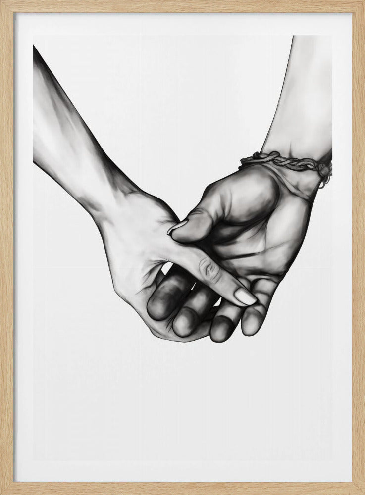 A detailed black and white sketch of two people holding hands against a white background, enclosed in a thin black frame. One hand gently grasps the other's fingers, and the wrist of the upper hand is adorned with a simple braided bracelet. The shading is soft and realistic, emphasizing the tender connection. Artwork