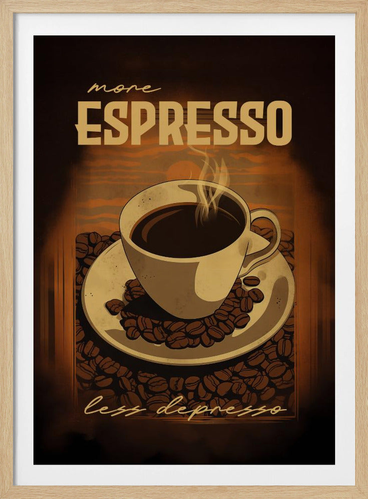 A vintage-style poster with a dark brown background featuring a steaming cup of espresso on a saucer surrounded by coffee beans. The text above reads 'more ESPRESSO' and below reads 'less depresso' in a script font. Wall Art