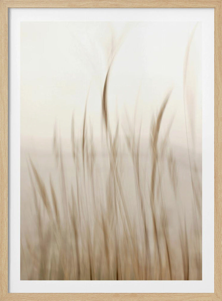An abstract photograph of tall grasses or reeds, created with a motion blur effect that pulls the shapes vertically into soft, painterly streaks of beige, brown, and cream against a light, hazy background. The image evokes a sense of calm and movement, and is displayed within a simple black frame. Wall Art