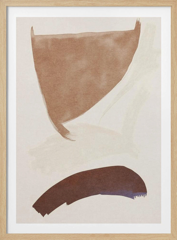 A minimalist abstract painting in a black frame, featuring two prominent brown brushstrokes on a cream background. A large, lighter brown triangular shape dominates the top half, while a darker brown, curved stroke sits at the bottom, creating a simple and balanced composition. Poster