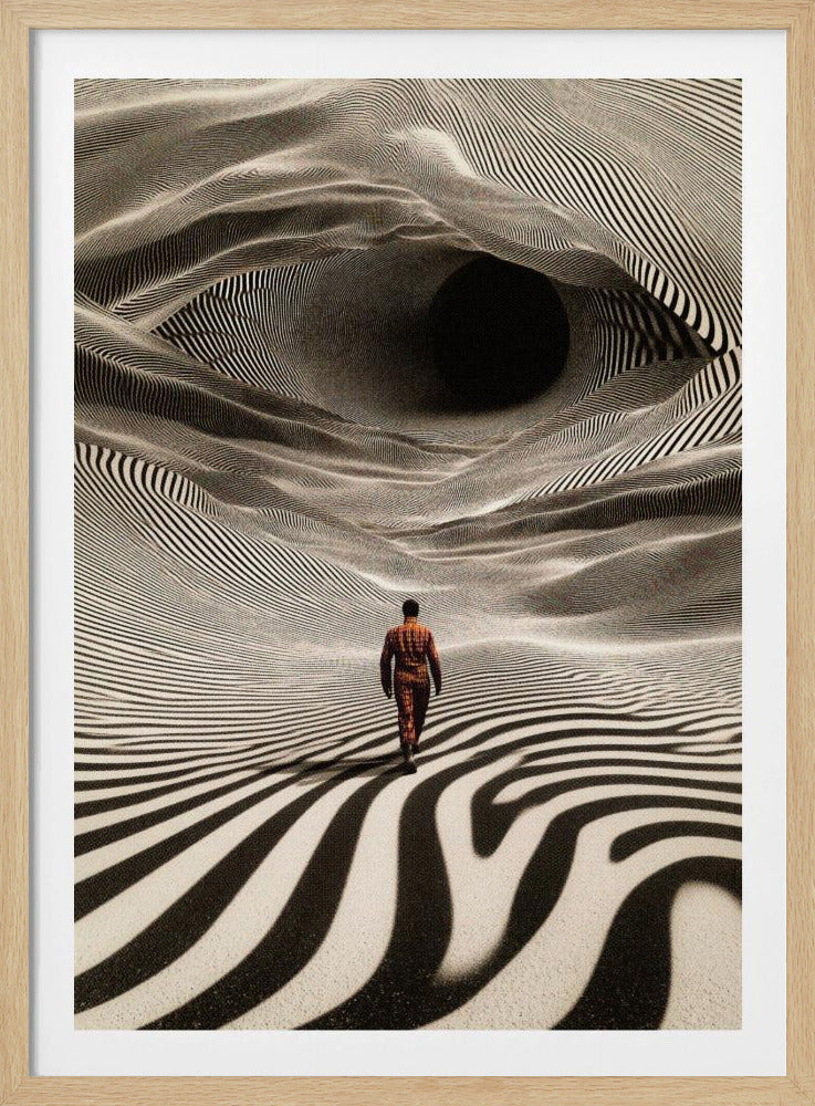 A surreal digital artwork depicting a man in a red and orange suit walking away from the viewer across a vast, undulating landscape made of black and off-white stripes, heading towards a large, dark, circular void in the distance. Poster