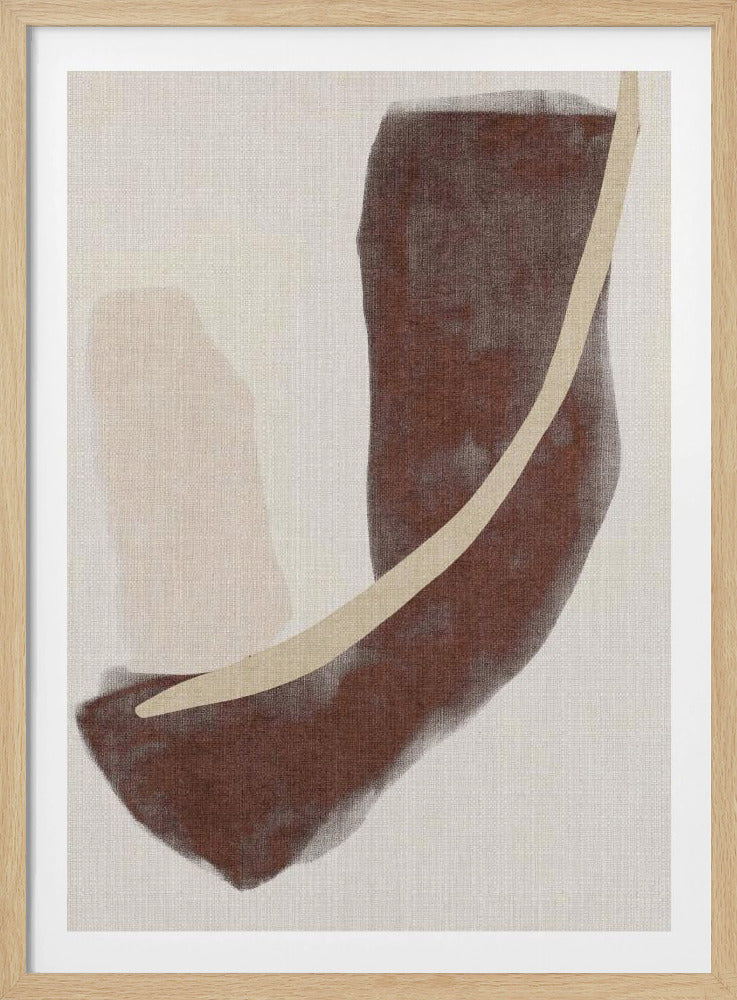 A modern abstract painting in a black frame, featuring a large, textured dark brown shape and a smaller light beige shape against an off-white, linen-textured background. A thin, sweeping curve of pale cream cuts across the composition. Artwork