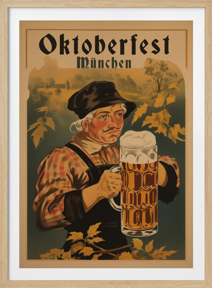 A vintage-style poster for Oktoberfest München, featuring an illustration of a man with a mustache and white hair, wearing a dark cap and a plaid shirt. He is holding a large, frothy glass stein of beer, with a stylized German landscape in the background. Artwork