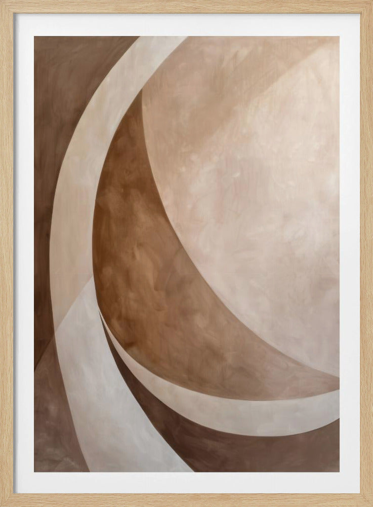 A framed abstract painting featuring a composition of broad, overlapping curves in a monochrome palette of brown, beige, and off-white. The shapes create a sense of depth and gentle movement, with a soft, painted texture. Print