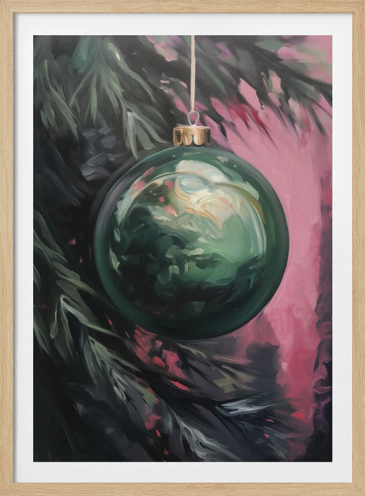 A close-up oil painting of a shiny, dark green Christmas ornament hanging from the branch of a pine tree. The ornament reflects light and color, and the background is a soft, impressionistic blend of pink and dark tones, all within a thin black frame. Poster