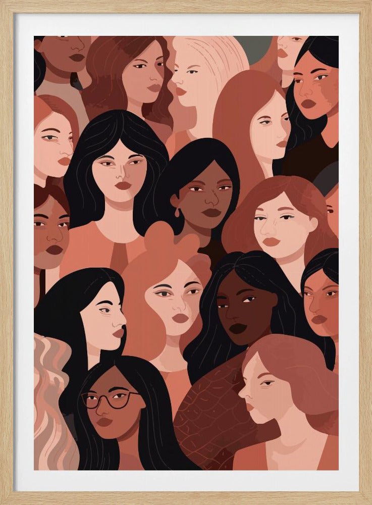 A framed illustration depicting a diverse group of women's faces filling the canvas, showcasing a variety of skin tones and hairstyles in a warm, earthy color palette with black accents. Wall Art
