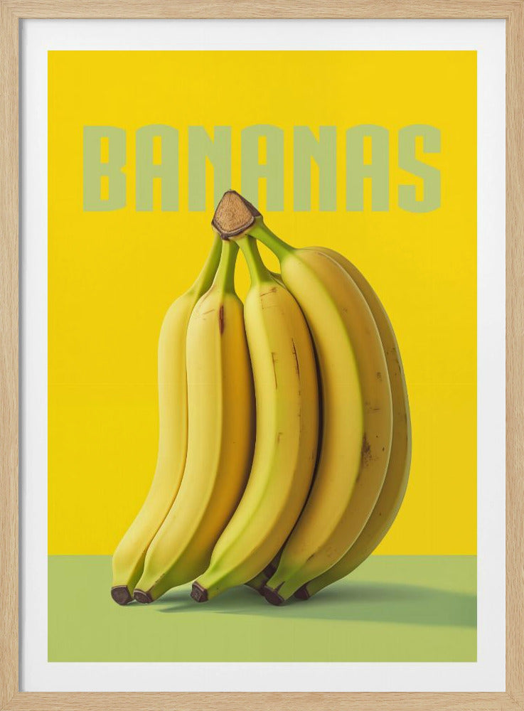 A pop art style poster of a bunch of yellow bananas against a bright yellow background. The word 'BANANAS' is printed in large, light green, sans-serif font behind the fruit. The bananas sit on a light green surface at the bottom, and the artwork is framed in black. Decor