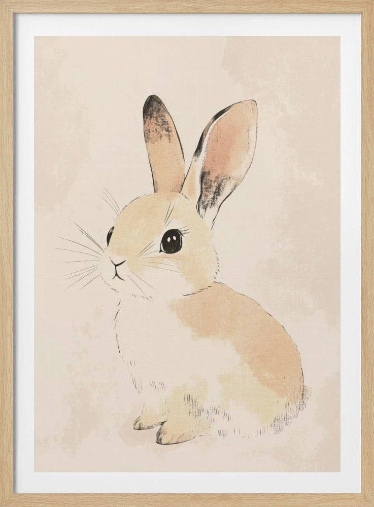 A watercolor-style illustration of a small, cute rabbit with tan and white fur, large black eyes, and long ears. The bunny is sitting and looking towards the left against a soft, textured beige background, all enclosed within a thin black frame. Poster