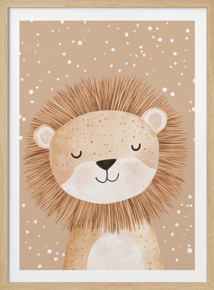 A cute watercolor illustration of a happy lion with its eyes closed. The lion has a large, fluffy brown mane and is set against a beige background with white speckles. Print