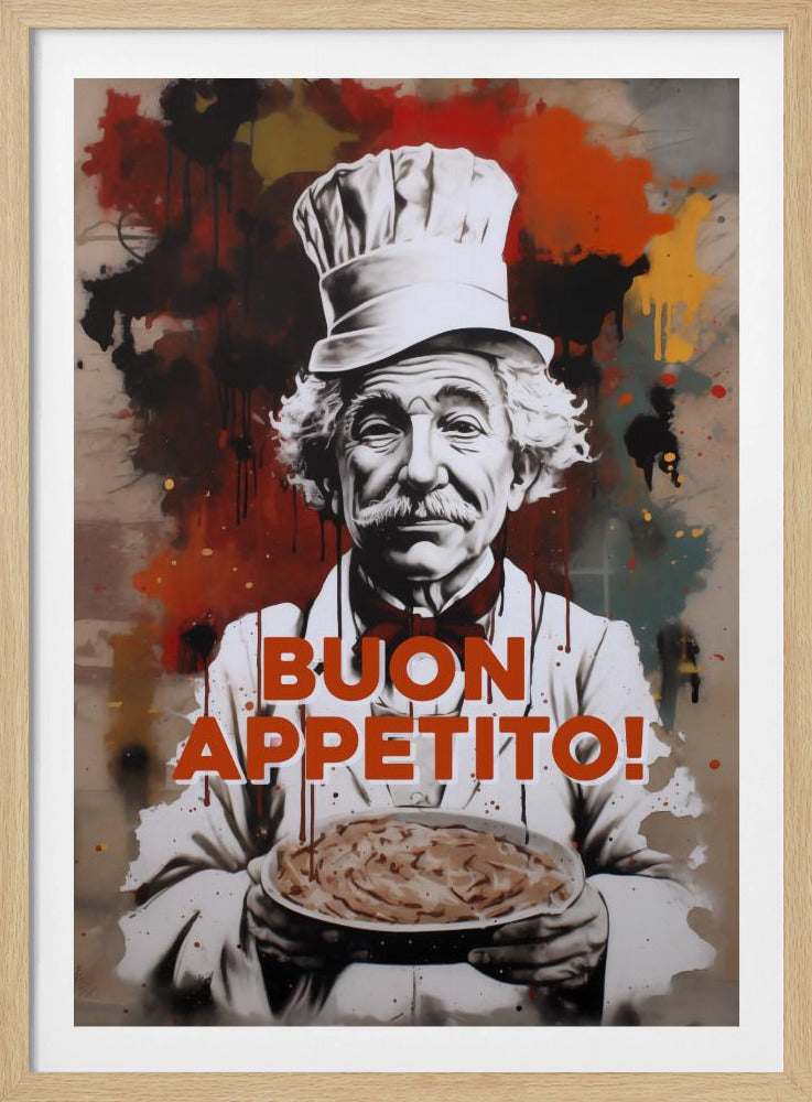 A stylized portrait of a smiling elderly chef with a white mustache and hair, wearing a chef's hat and holding a plate of pasta. The background features abstract red, black, and yellow paint splatters in a street art style. The phrase 'BUON APPETITO!' is written in large orange letters across the front. Decor