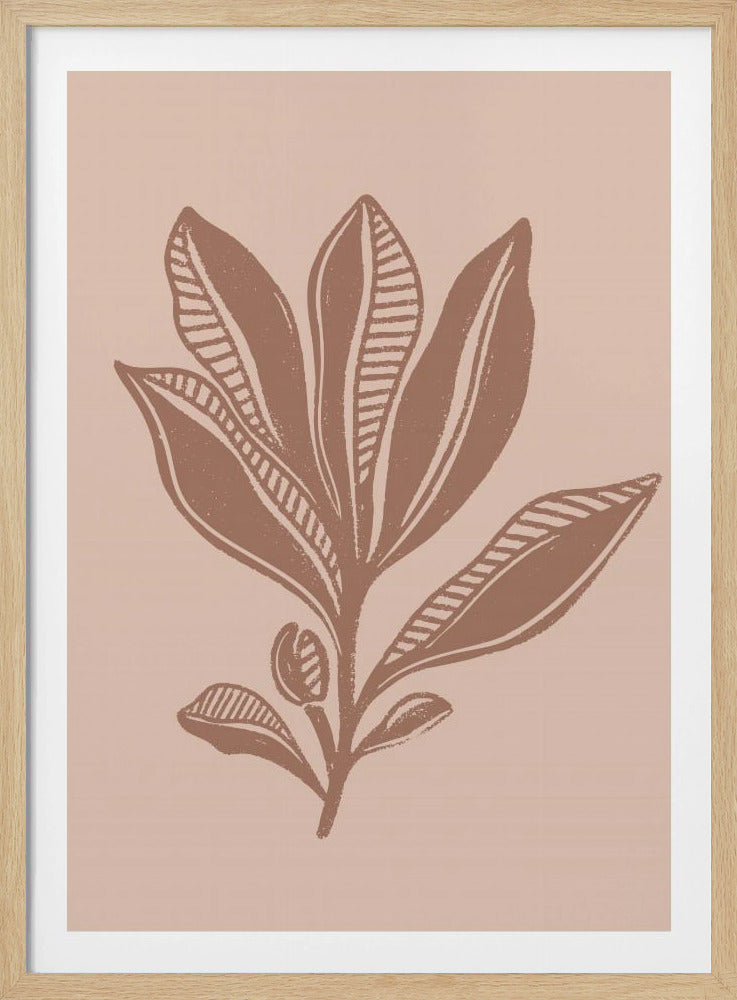 A minimalist botanical art print featuring a stylized plant in a muted brown, block-print style against a dusty pink background. Some leaves are solid while others have a striped pattern. The artwork is presented in a simple black frame. Decor