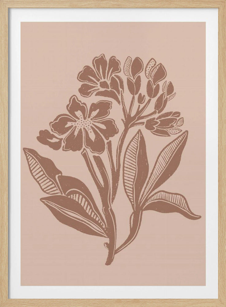 A minimalist botanical block print featuring a cluster of stylized flowers and leaves in a terracotta brown hue against a dusty pink background, all enclosed within a thin black frame. Artwork