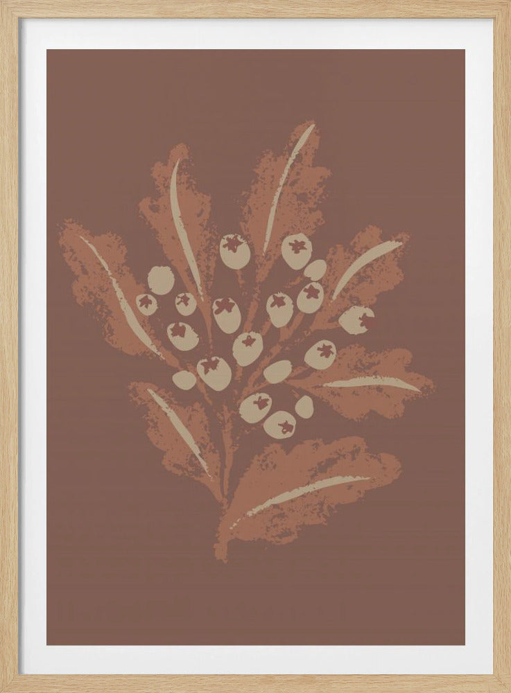 A framed vertical artwork featuring a stylized botanical illustration. Against a solid mauve-brown background, a cluster of cream-colored berries sits amidst textured, rust-colored leaves on a central stem. The artwork has a minimalist, textured, block-print aesthetic. Artwork