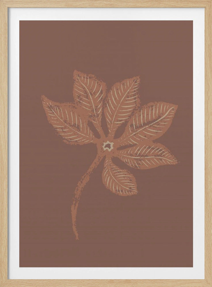 A framed botanical art print featuring a single, stylized horse-chestnut leaf in a textured terracotta color with cream-colored veins. The leaf is centered against a solid, dusty mauve background, creating a warm, monochromatic aesthetic. Decor