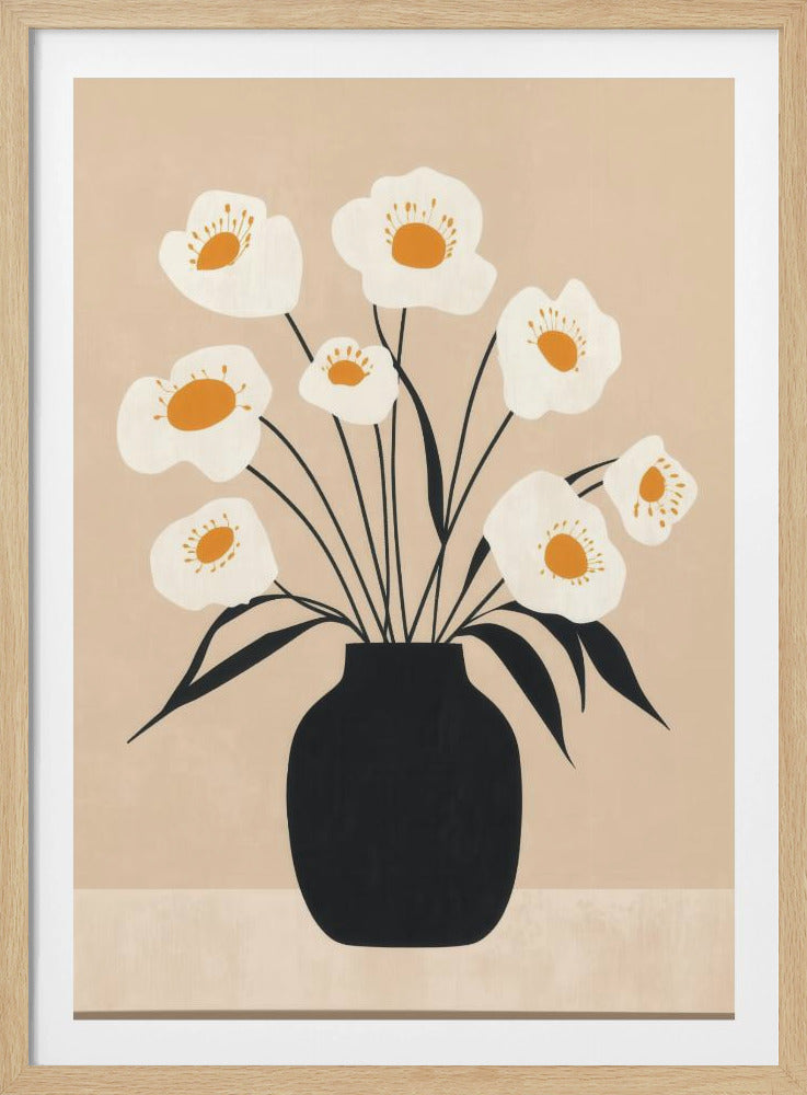 A modern, minimalist illustration of a bouquet of white poppy-like flowers with orange centers arranged in a solid black vase. The artwork features thin black stems and leaves against a muted beige background, all enclosed in a simple black frame. Artwork