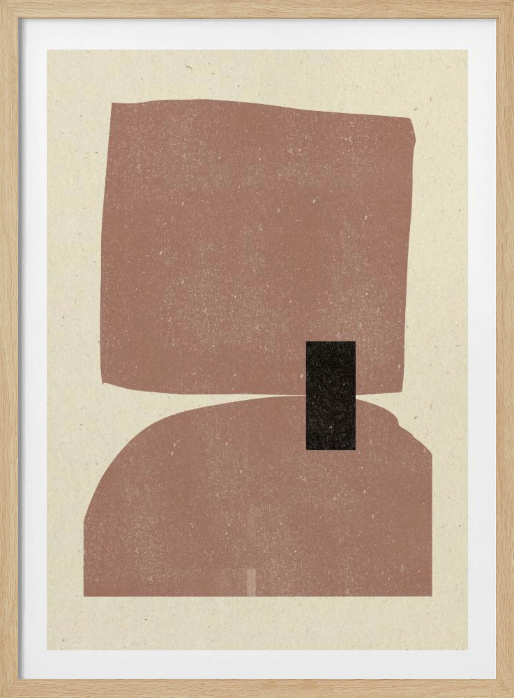 A minimalist abstract art print in a black frame, featuring two large, textured dusty-rose shapes stacked vertically against a cream background. The top shape is an irregular rectangle and the bottom is a dome shape, with a small black rectangle overlapping them in the center. Decor