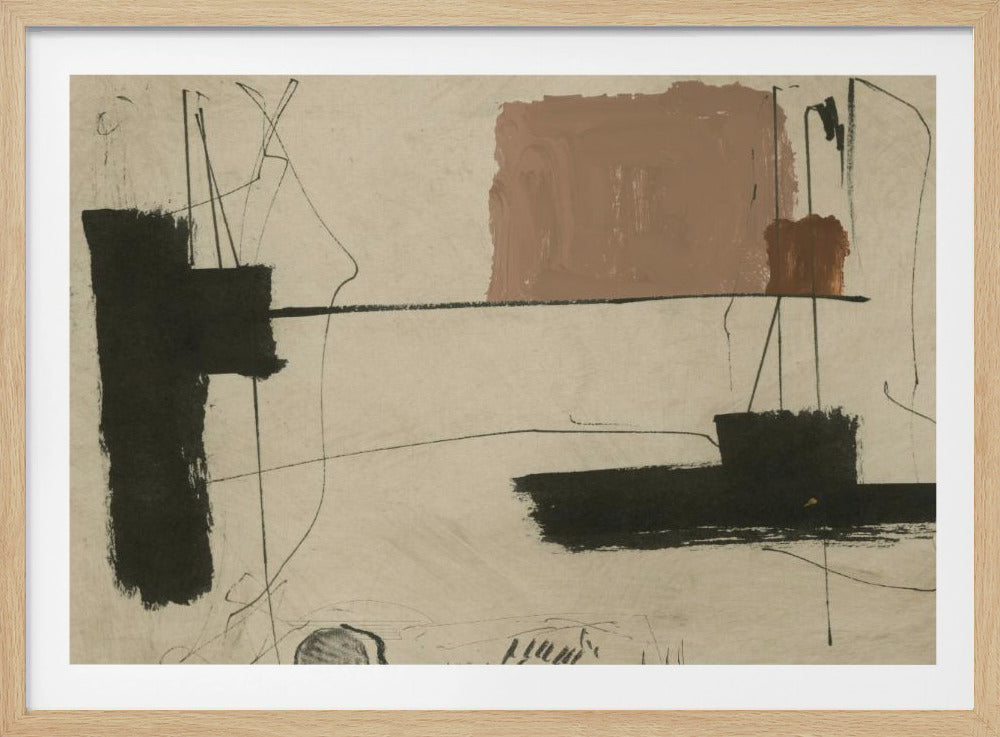 An abstract painting with a beige background featuring bold, black brushstrokes and a large, muted brown rectangular shape. Thin, erratic black lines are scrawled across the canvas, intersecting with the colored forms. The entire piece is framed in a simple silver frame. Wall Art