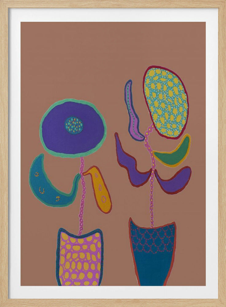 A whimsical, naive-style painting of two brightly colored, abstract flowers in patterned pots against a solid muted brown background, framed in black. Print
