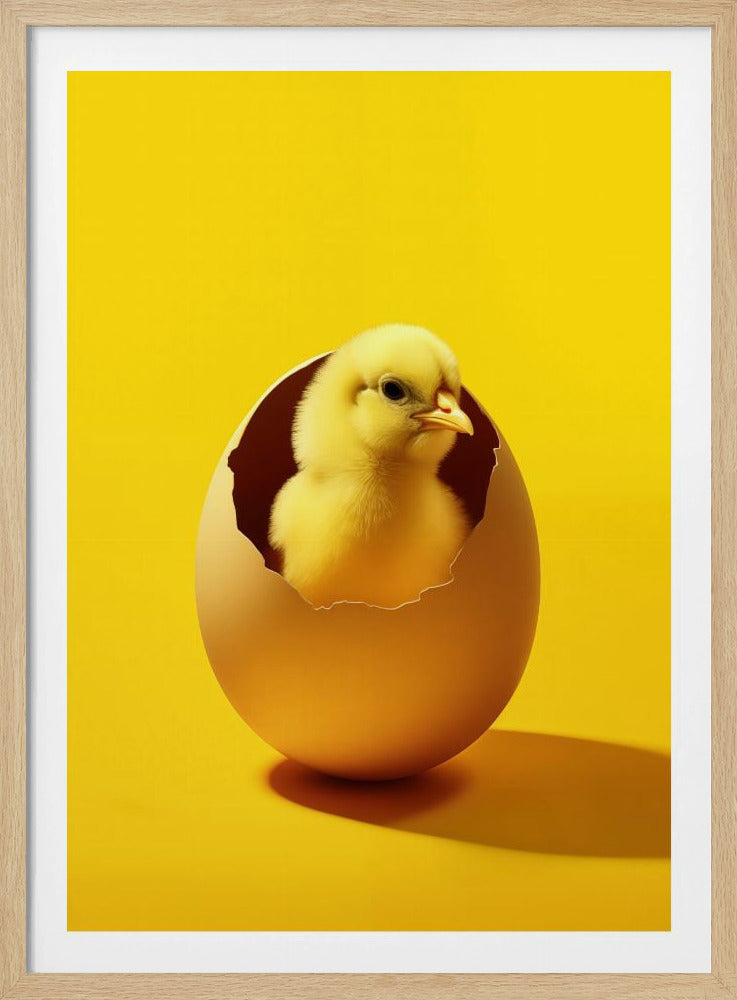 A fluffy yellow baby chick peeking its head out of a cracked light brown eggshell, set against a solid, bright yellow background. The image has a clean, minimalist feel and is enclosed in a thin black frame. Print