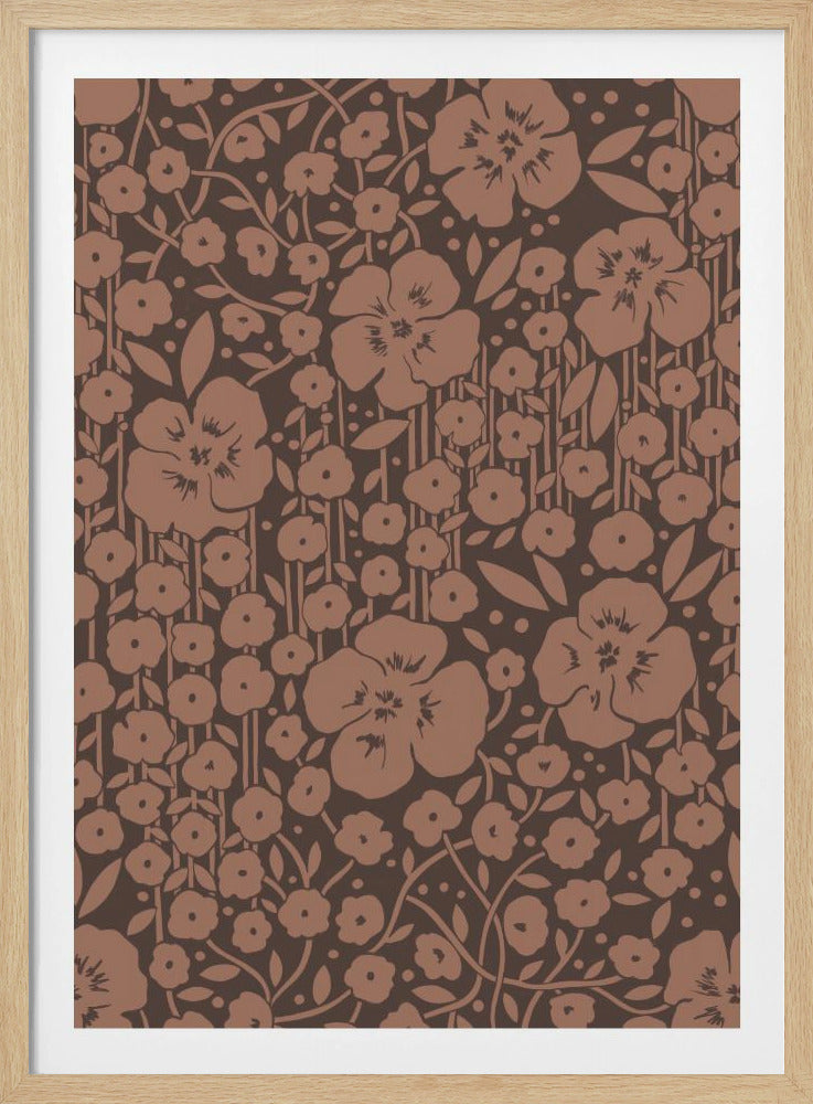 A framed art print featuring a monochromatic vintage floral pattern. Stylized light brown flowers, leaves, and vines are densely arranged on a dark brown background with faint vertical stripes. Print
