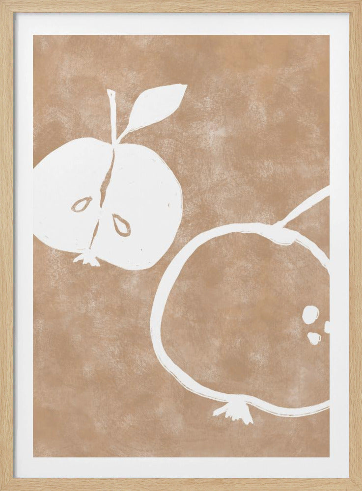 A minimalist artwork in a black frame featuring two stylized white apples on a textured light brown background. One apple is cut in half showing its seeds, and the other is a simple outline of a whole apple. Decor