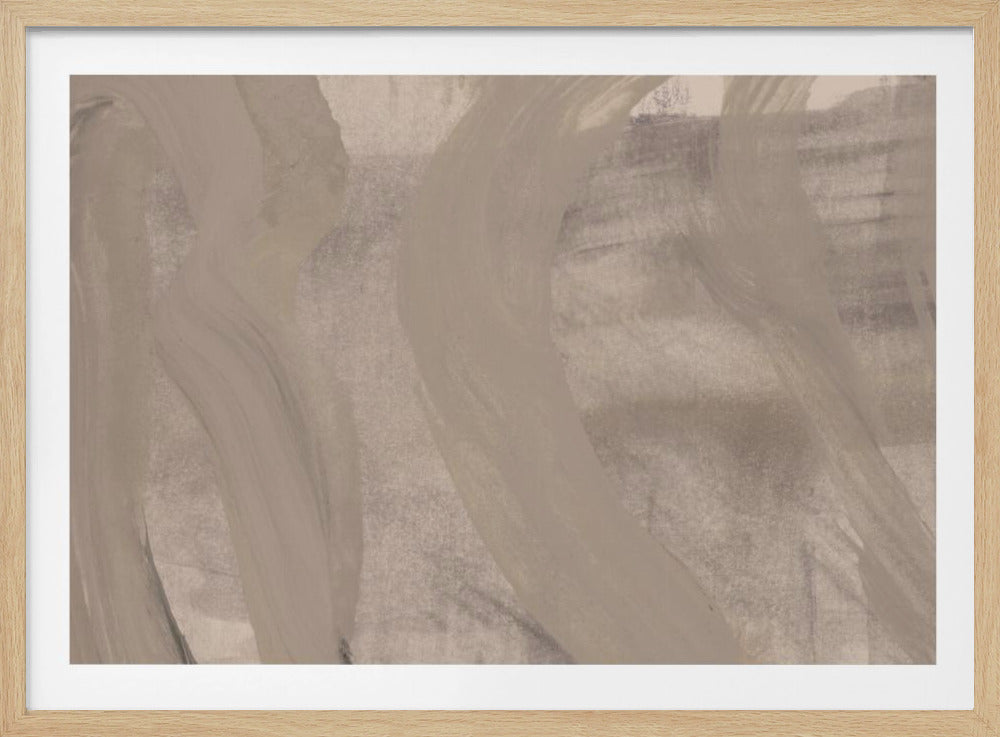 A horizontal abstract painting in a silver frame, featuring broad, sweeping brushstrokes in muted tones of beige and light gray over a darker, textured taupe and gray background. Poster