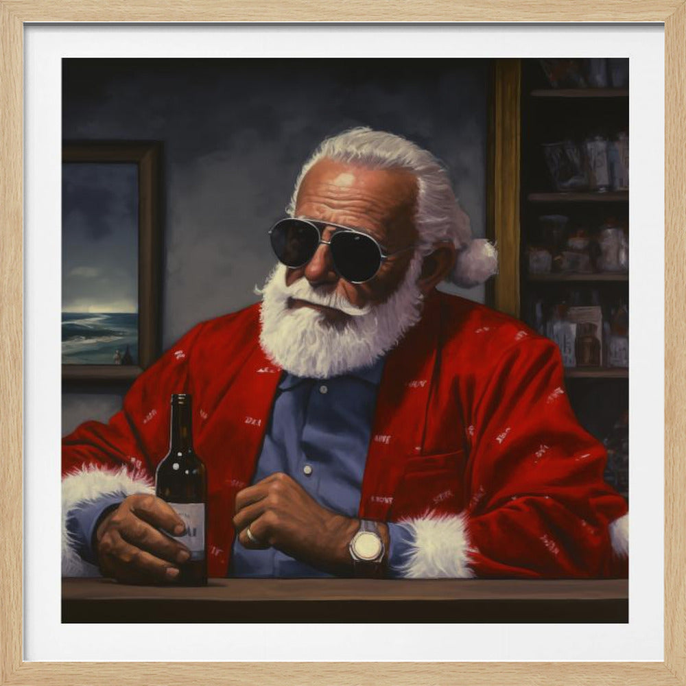A framed painting depicting a cool Santa Claus sitting at a bar. He wears a red Santa jacket over a blue collared shirt and sports dark aviator sunglasses. With his iconic white beard and hair, he holds a dark bottle in one hand, looking off to the side with a relaxed expression. Print