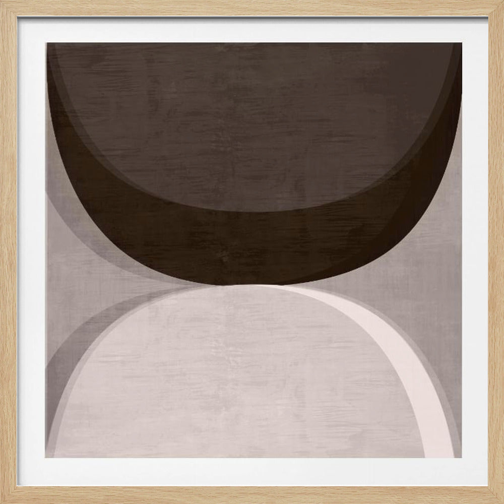 A square abstract artwork in a light wood frame, featuring two large, opposing curves. A dark brown arc dominates the top half, while a light gray and white arc fills the bottom half, creating a balanced, minimalist composition with a textured finish. Poster