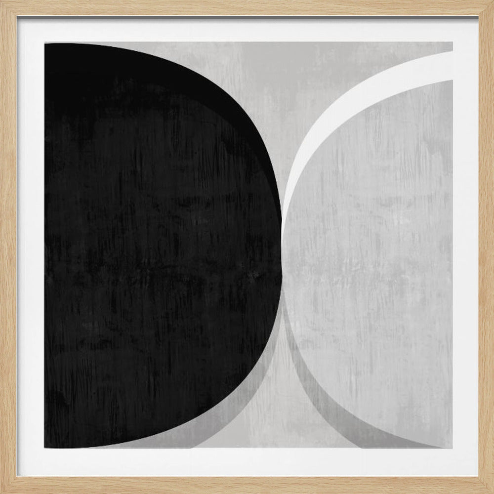 A minimalist abstract painting in a light wood frame, featuring a large, textured black half-circle on the left contrasting with overlapping white and grey arcs on the right against a distressed grey background. Decor
