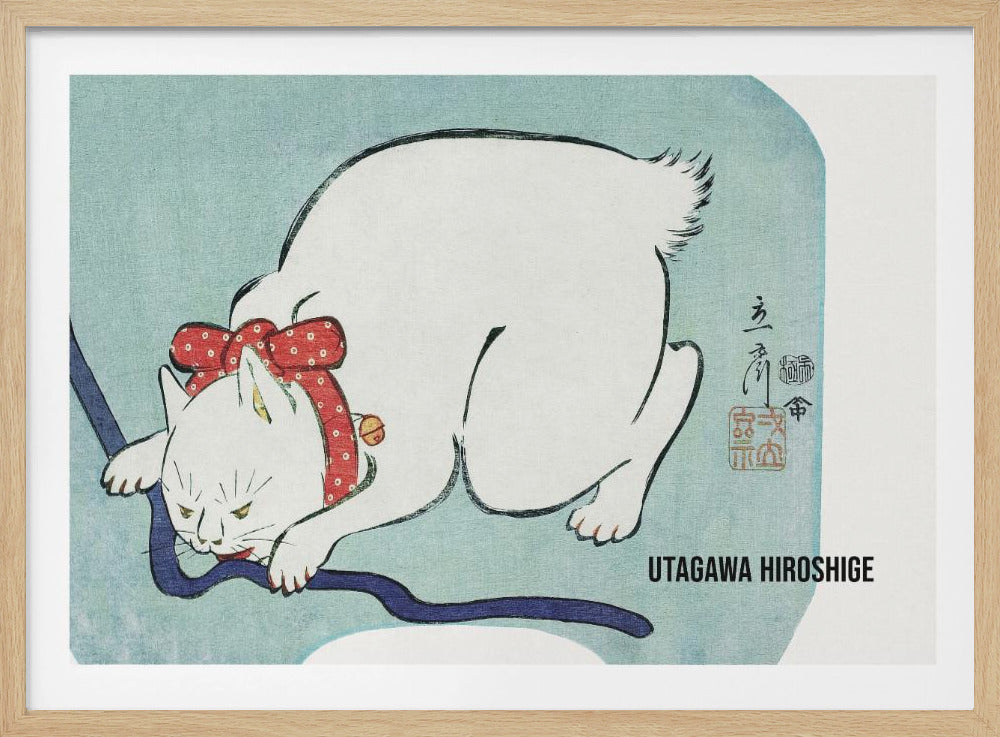 A Japanese woodblock print by Utagawa Hiroshige featuring a white cat with a fierce expression. The cat is wearing a red polka-dot collar with a large bow and a small bell, playfully biting a dark blue cord against a light blue background. Wall Art