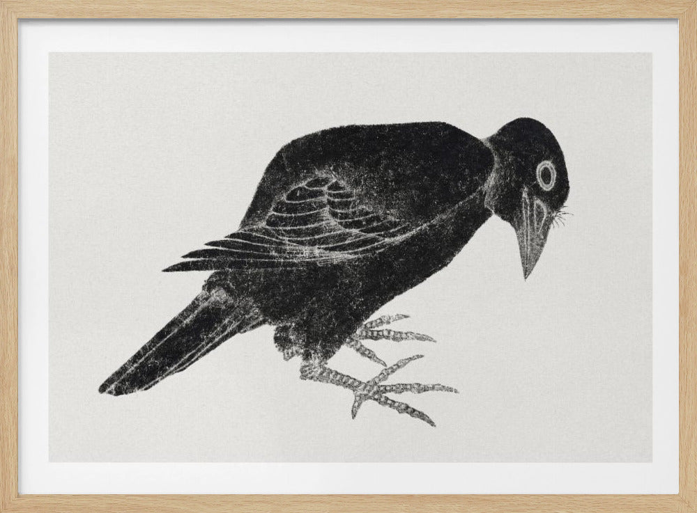 A black and white, textured illustration of a crow in a printmaking style. The bird is shown in profile, looking down towards the ground, against a plain off-white background, all enclosed within a silver frame. Artwork