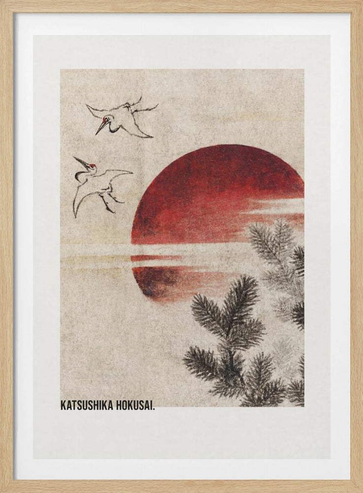 A vertical Japanese Ukiyo-e style artwork by Katsushika Hokusai featuring a large red sun against a textured cream background. Two ink-drawn cranes fly in the upper left, and dark pine tree branches emerge from the lower right. Print