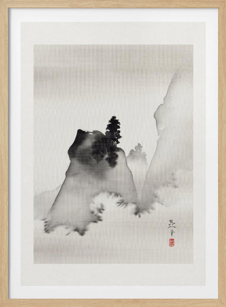 A traditional Asian ink wash painting in a black frame. The vertical artwork depicts a minimalist mountain landscape in black and grey tones on textured paper. A dark, prominent rock formation with a lone pine tree stands in the foreground, surrounded by mist, with fainter mountains in the background. A signature and a red seal are visible in the lower right corner. Artwork