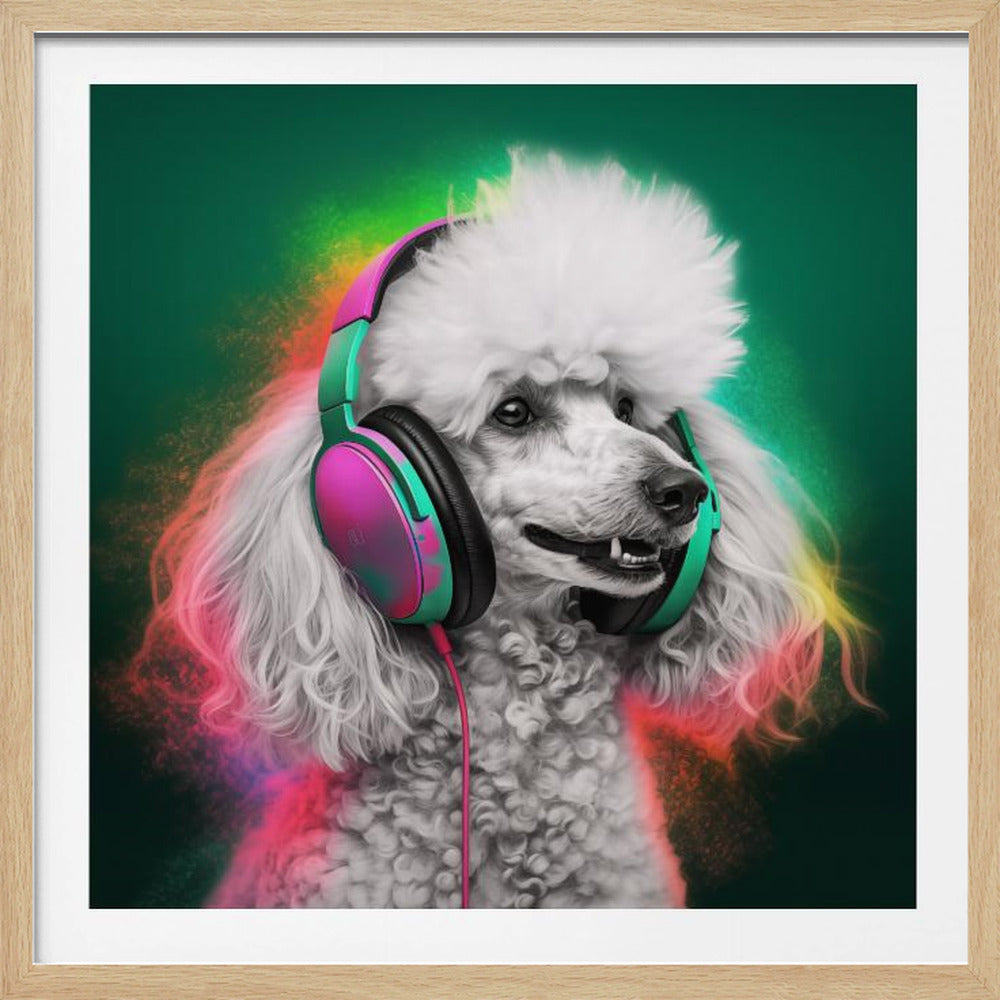 A stylish white poodle with a classic haircut wears large, vibrant pink and green headphones, set against a dark green background. A colorful, glowing aura surrounds the dog, which is enclosed in a light wood frame. Artwork