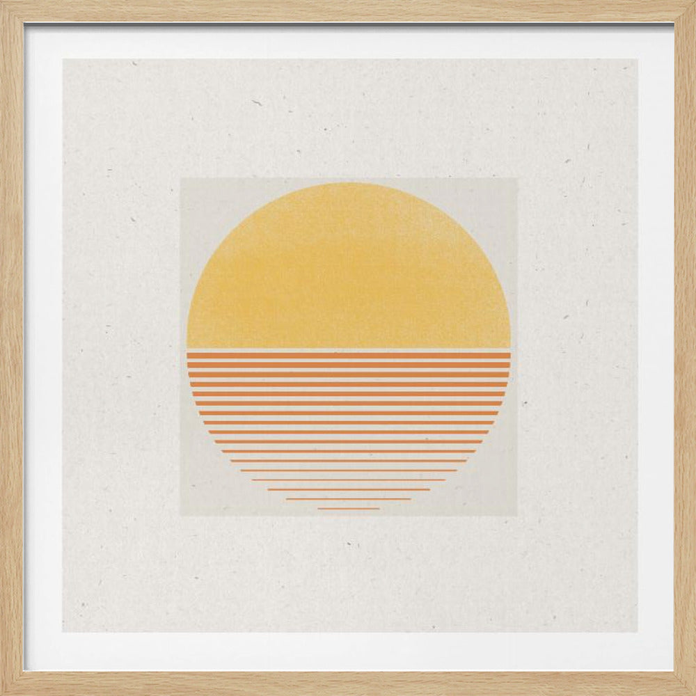 A framed minimalist art print featuring a large circle against an off-white background. The top half of the circle is a solid textured yellow, while the bottom half consists of horizontal orange stripes that gradually become thinner towards the bottom, evoking a stylized sun or sunset. The artwork is surrounded by a wide white mat and a light wood frame. Decor