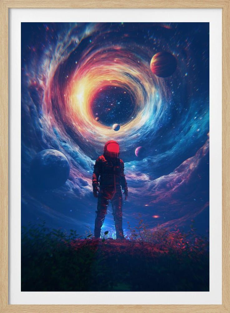 A lone astronaut in a dark suit with a bright red helmet stands on a rocky surface, gazing up at a colossal, swirling cosmic vortex of blue, red, and yellow light surrounded by stars and planets. Wall Art