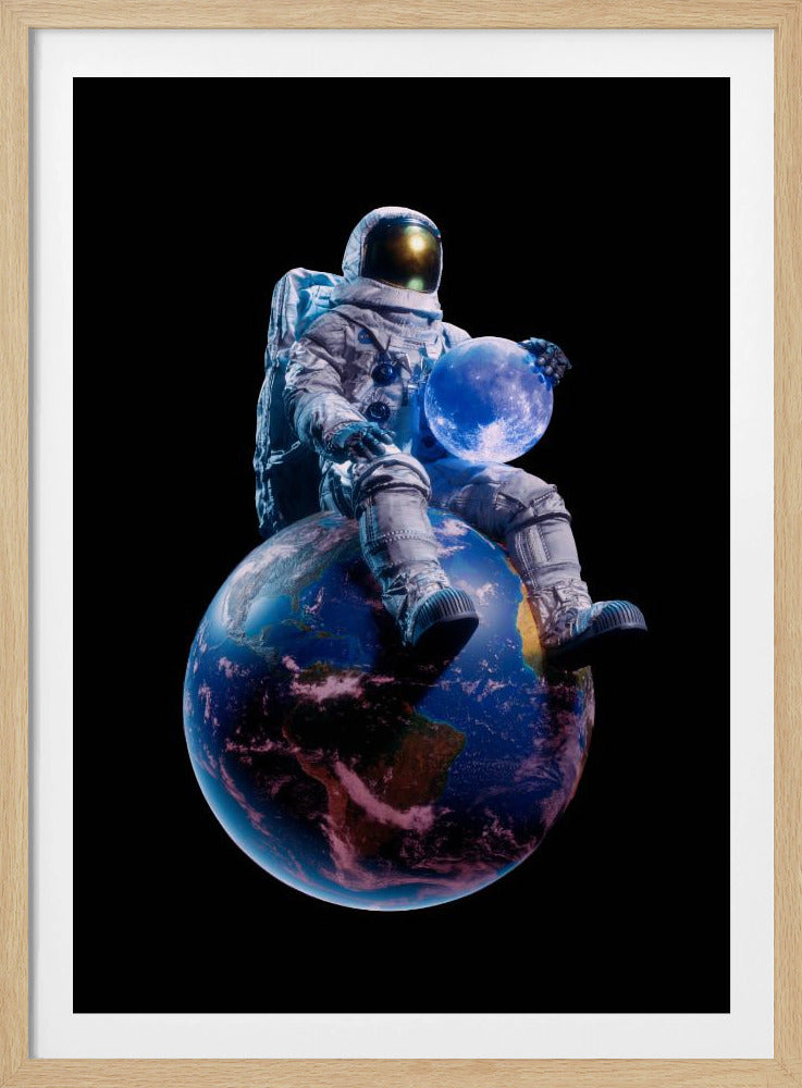 An astronaut in a full white spacesuit sits perched atop planet Earth, holding the glowing blue moon in their hands against a stark black background. Print