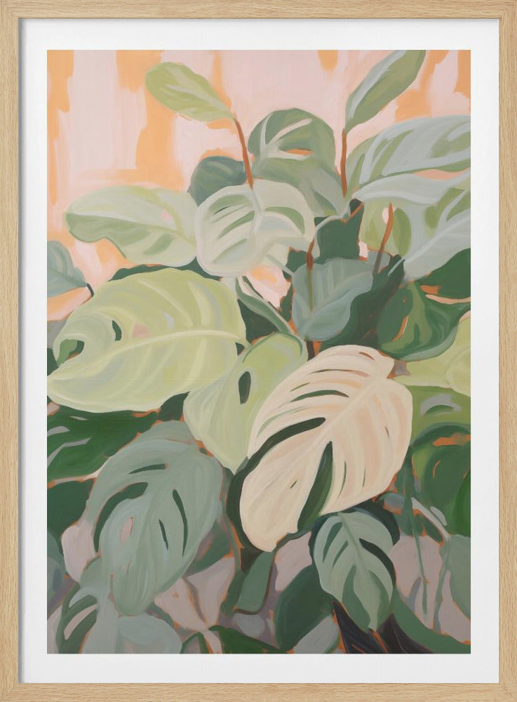 A modern painting of dense tropical foliage, featuring monstera leaves in various shades of muted green and cream against a soft, peachy-orange background, displayed in a simple black frame. Wall Art