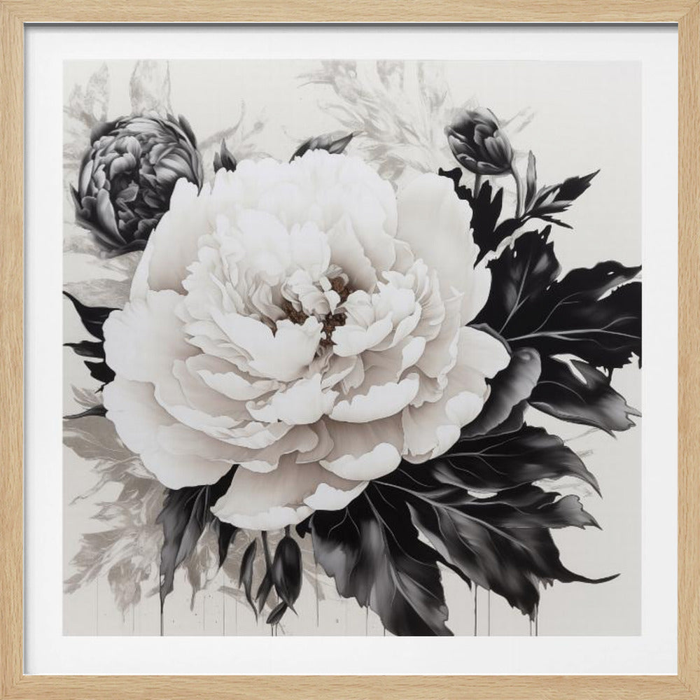 A framed square artwork depicting a large white peony in a monochrome style. The fully bloomed flower is the central focus, surrounded by dark, high-contrast black leaves and smaller, darker peony buds. The background is a light grey with faint floral sketches and subtle dripping paint effects. Print