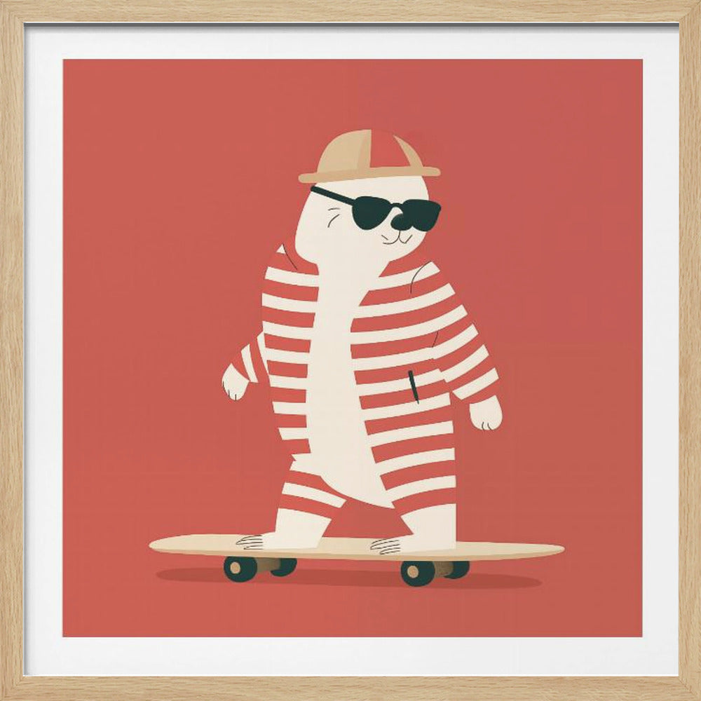 A framed illustration of a cool cartoon seal wearing a red and white striped swimsuit, a cap, and sunglasses while riding a skateboard against a solid red background. Poster