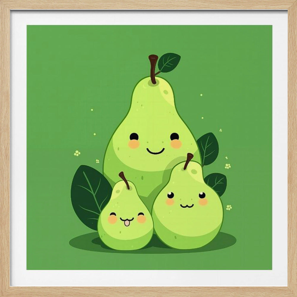 A cute cartoon illustration of a family of three green pears with smiling faces against a solid green background, all within a light wood frame. The parent pear is large and centered, with two smaller baby pears in front. Wall Art