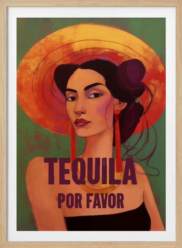 A stylized portrait of a woman with dark hair, bold eyebrows, and red lipstick, wearing a large orange sun hat and long red earrings. The text 'TEQUILA POR FAVOR' is written in a dark purple font in front of her. Poster