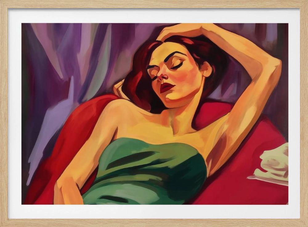 A framed painting in a vibrant, painterly style of a woman with reddish-brown hair reclining. She wears a green strapless dress and has her eyes closed, with one arm resting above her head. The background features shades of red and purple. Print