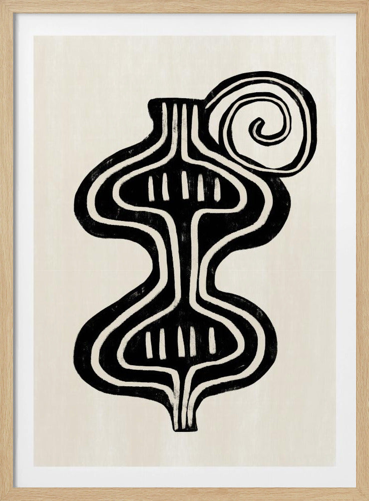A minimalist abstract artwork in a black frame, featuring a bold, black, symmetrical figure with curvaceous lines against an off-white background. The figure, reminiscent of a vase or an hourglass, has white line details and is paired with a large black spiral at the top. Print