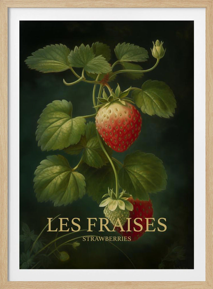A vintage botanical illustration of a strawberry plant with lush green leaves and several strawberries in different stages of ripeness, set against a dark, moody background. At the bottom, elegant gold text reads 'LES FRAISES' with 'STRAWBERRIES' underneath. Poster