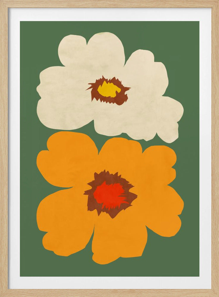 A modern art print of two large, stylized flowers, one cream-colored and one orange, set against a solid dark green background. The flowers are stacked vertically and have bold, jagged centers. Print